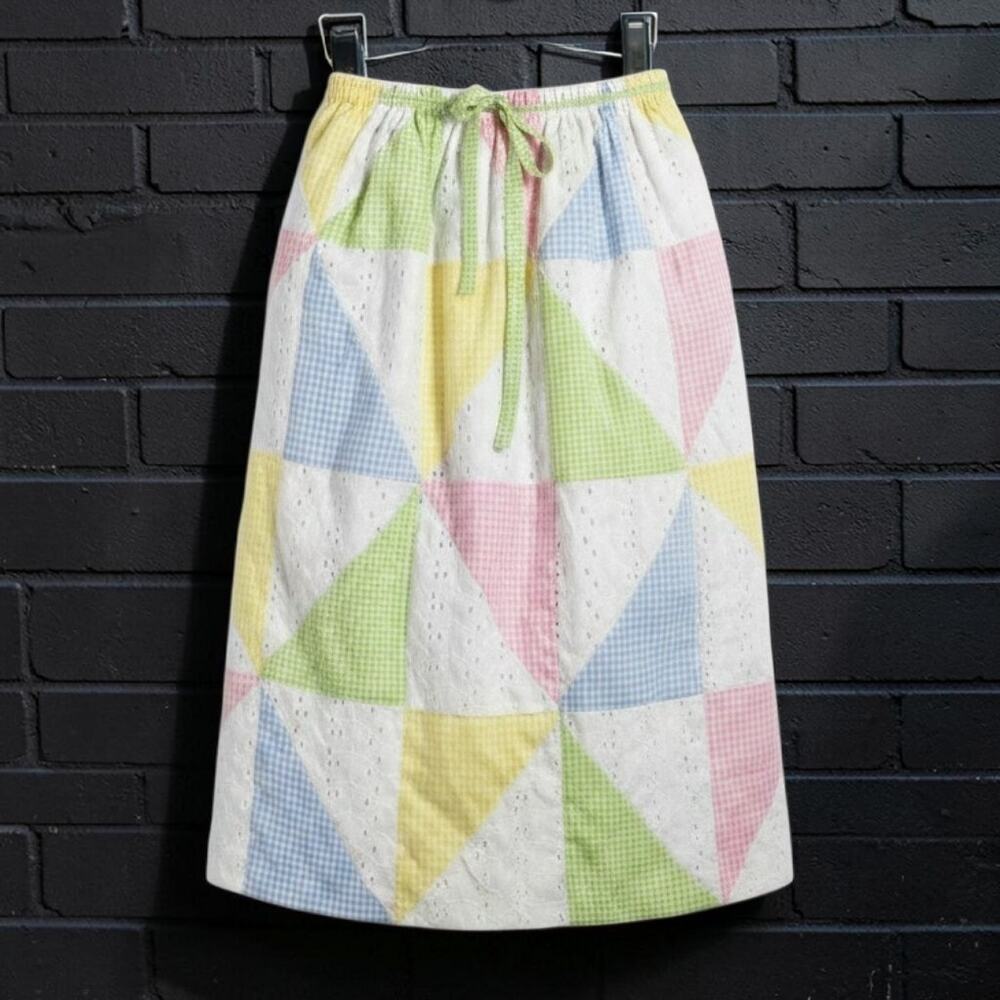 Vintage Sanibel Sport Pink Pastel Patchwork Gingham Eyelet Midi Skirt USA Medium